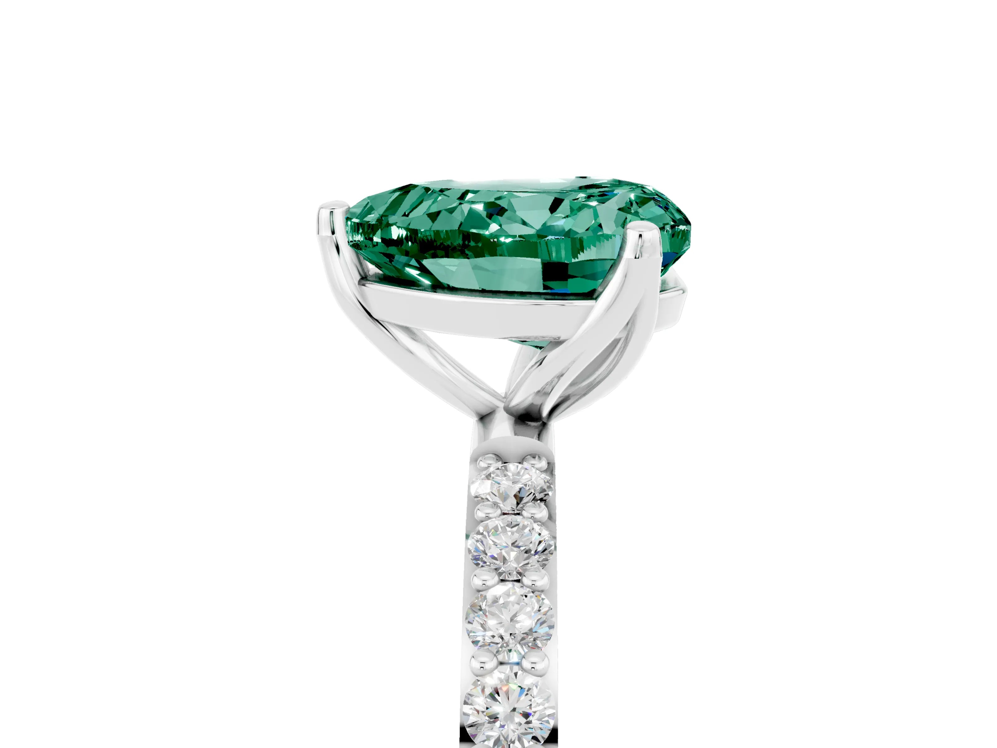 White gold Heart Cut Green Sapphire Solitaire Engagement Ring with Pavé Band and Prong Setting_5