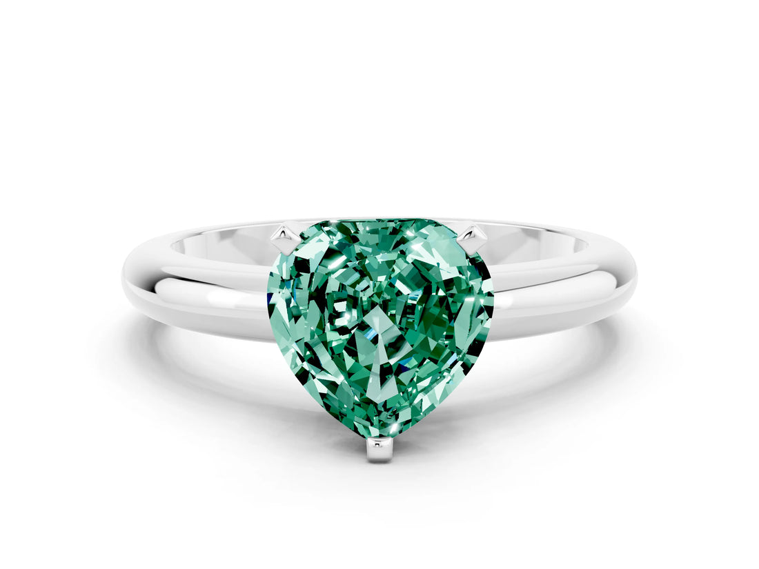 White gold Heart Cut Green Sapphire Solitaire Engagement Ring with Round Band and Four-Prong Setting