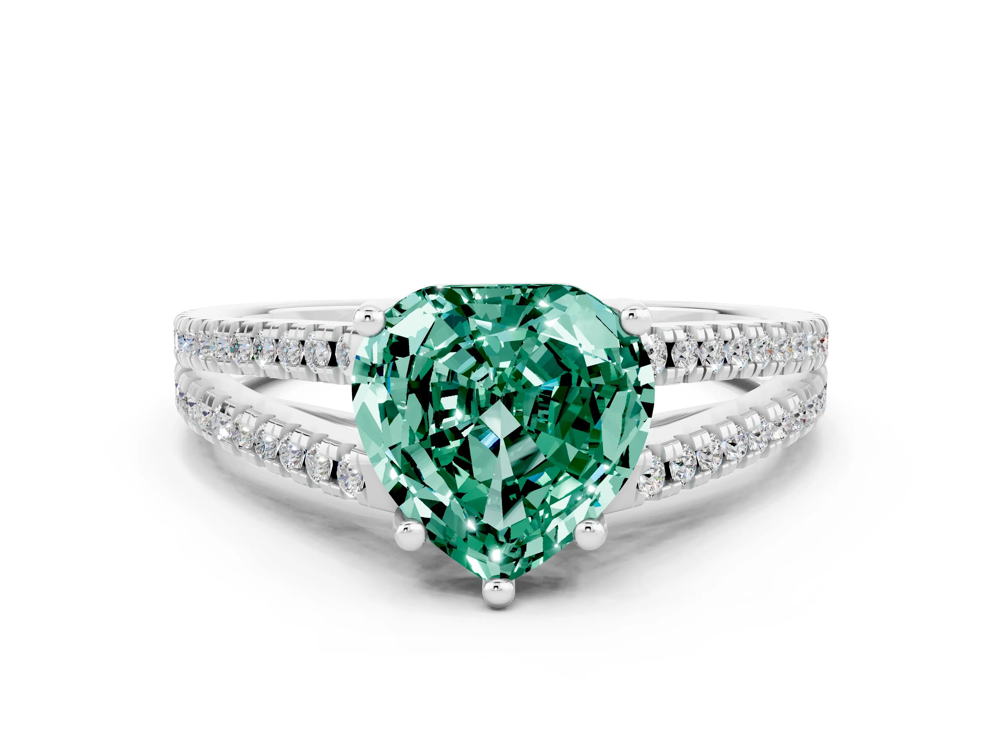White gold Heart Cut Green Sapphire Solitaire Engagement Ring with Split Shank Pavé Band