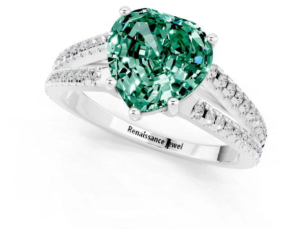 Platinum Heart Cut Green Sapphire Solitaire Engagement Ring with Split Shank Pavé Band