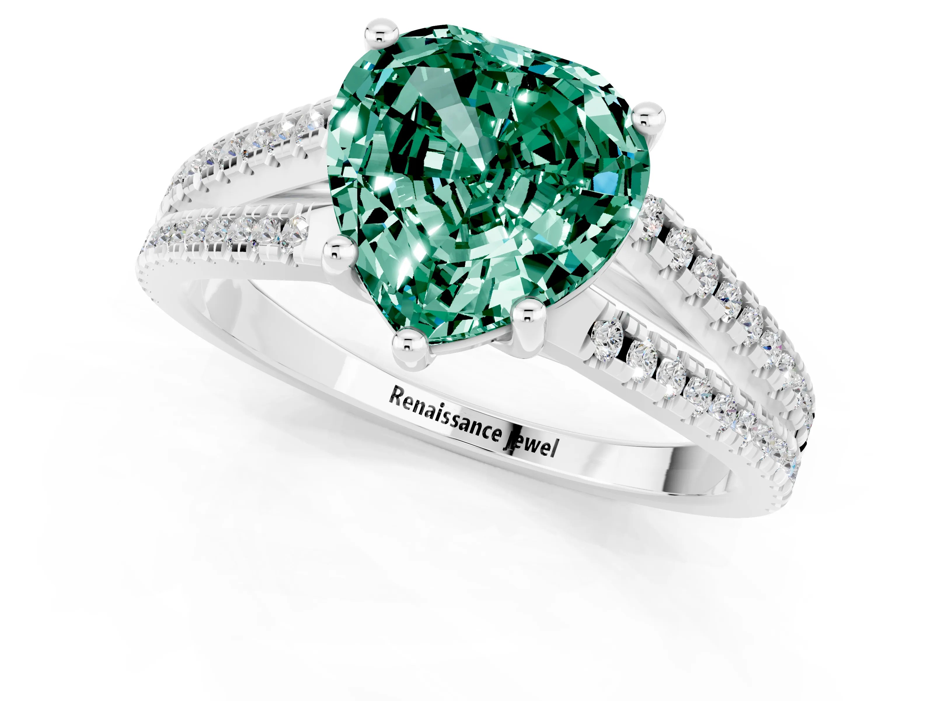 White gold Heart Cut Green Sapphire Solitaire Engagement Ring with Split Shank Pavé Band_1