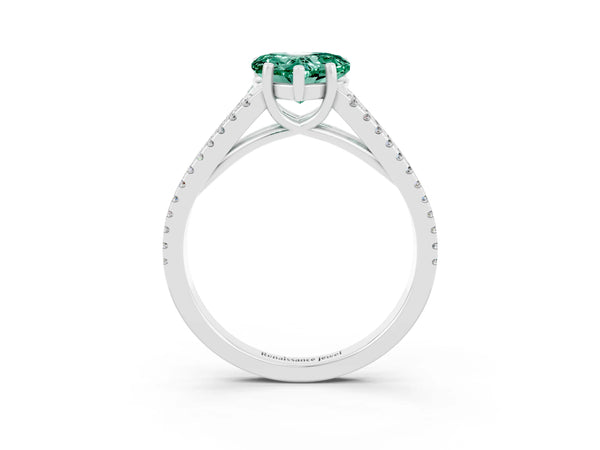 Platinum Heart Cut Green Sapphire Solitaire Engagement Ring with Split Shank Pavé Band