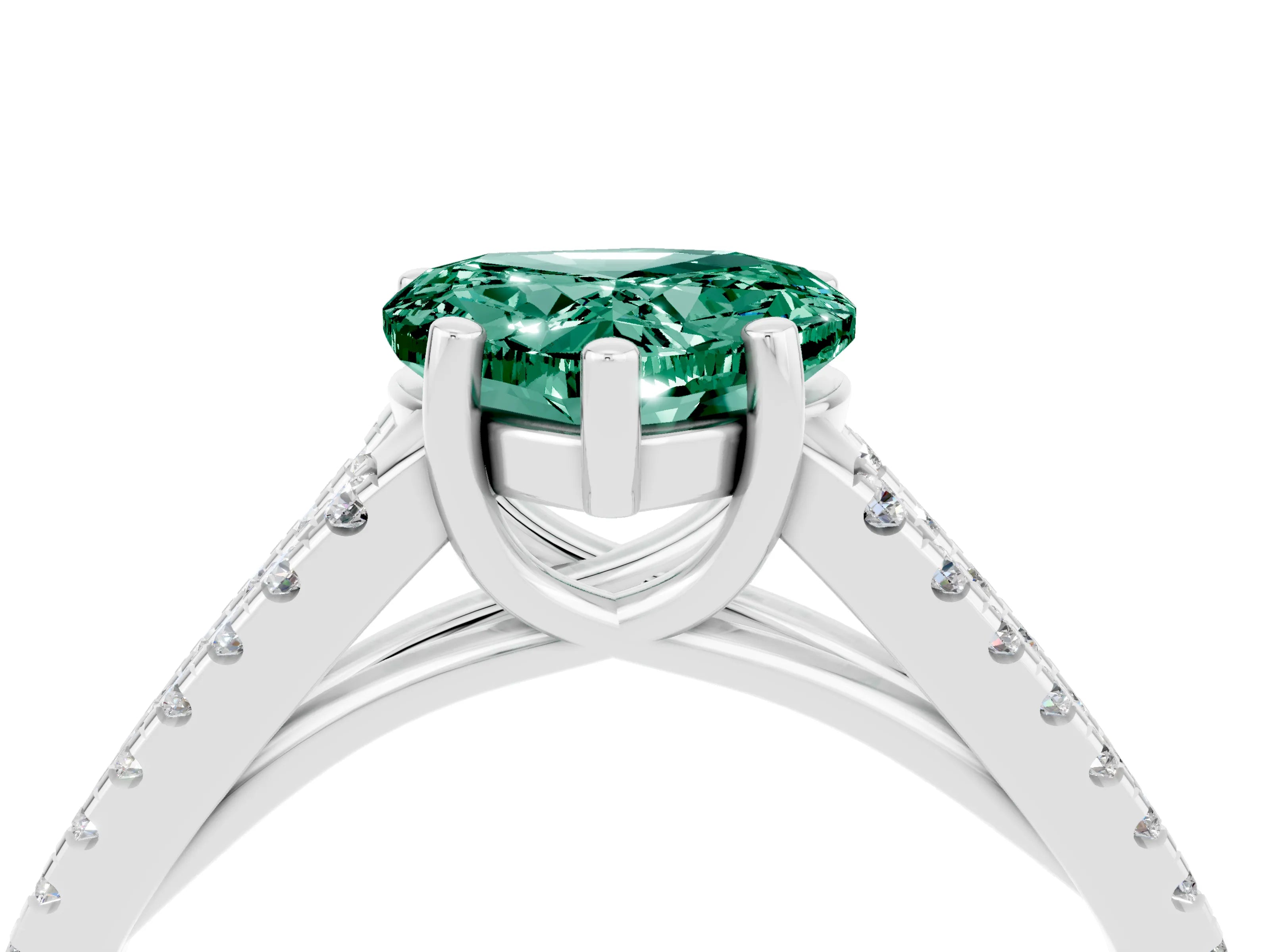 White gold Heart Cut Green Sapphire Solitaire Engagement Ring with Split Shank Pavé Band_4