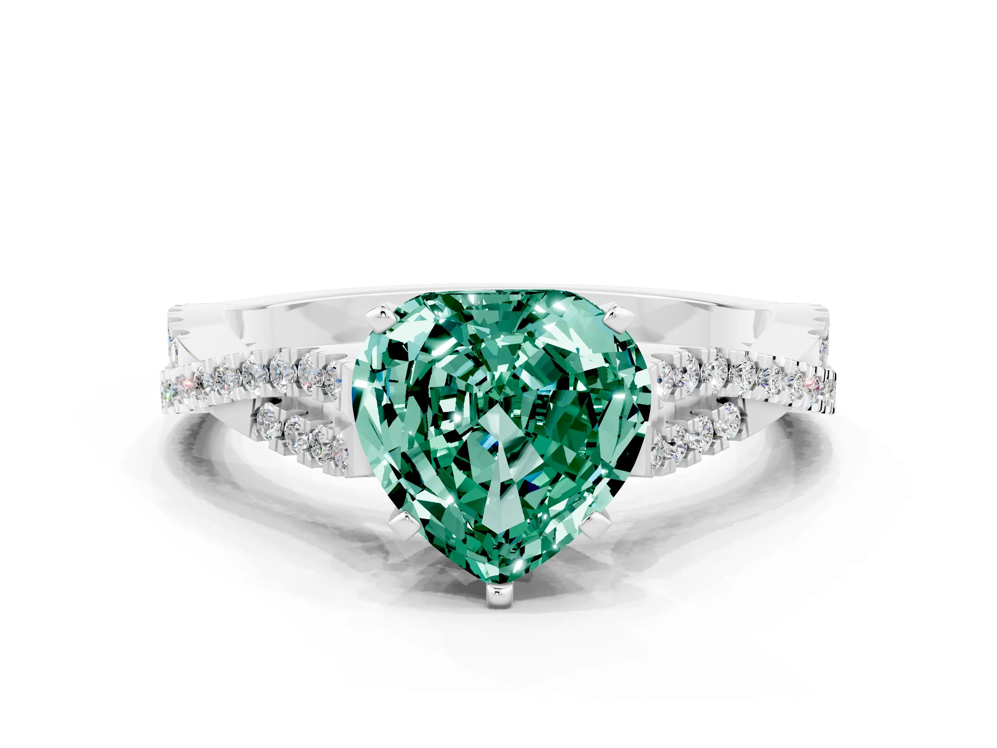 White gold Heart Cut Green Sapphire Solitaire Engagement Ring with Twisted Pavé Band and Four-Prong Setting_12