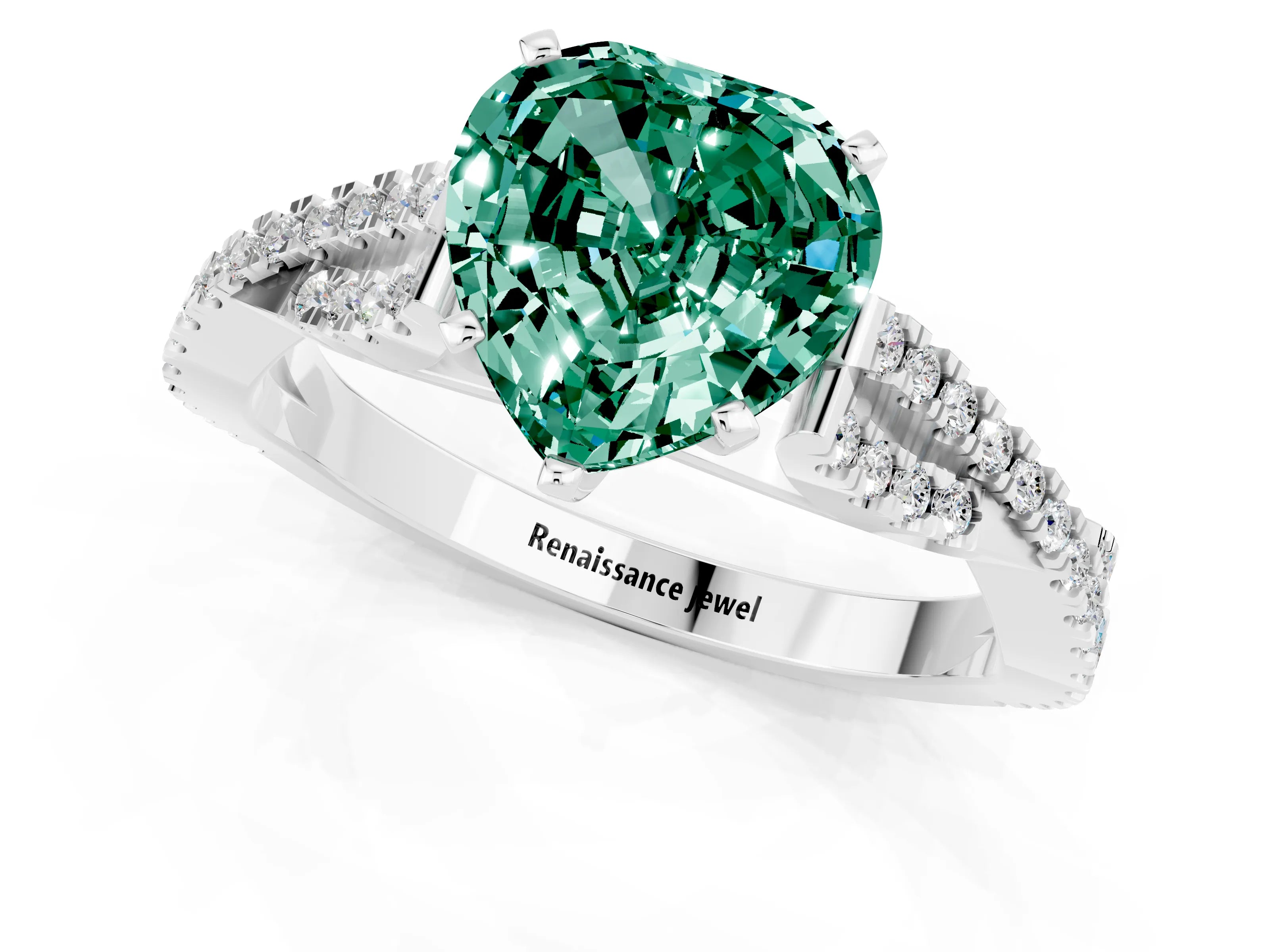 White gold Heart Cut Green Sapphire Solitaire Engagement Ring with Twisted Pavé Band and Four-Prong Setting_13
