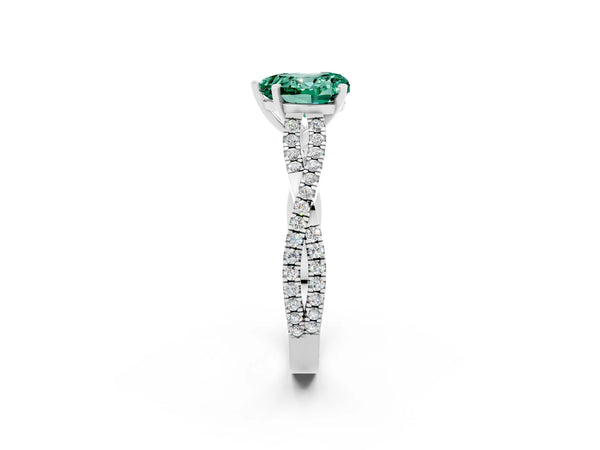 Platinum Heart Cut Green Sapphire Solitaire Engagement Ring with Twisted Pavé Band and Four-Prong Setting