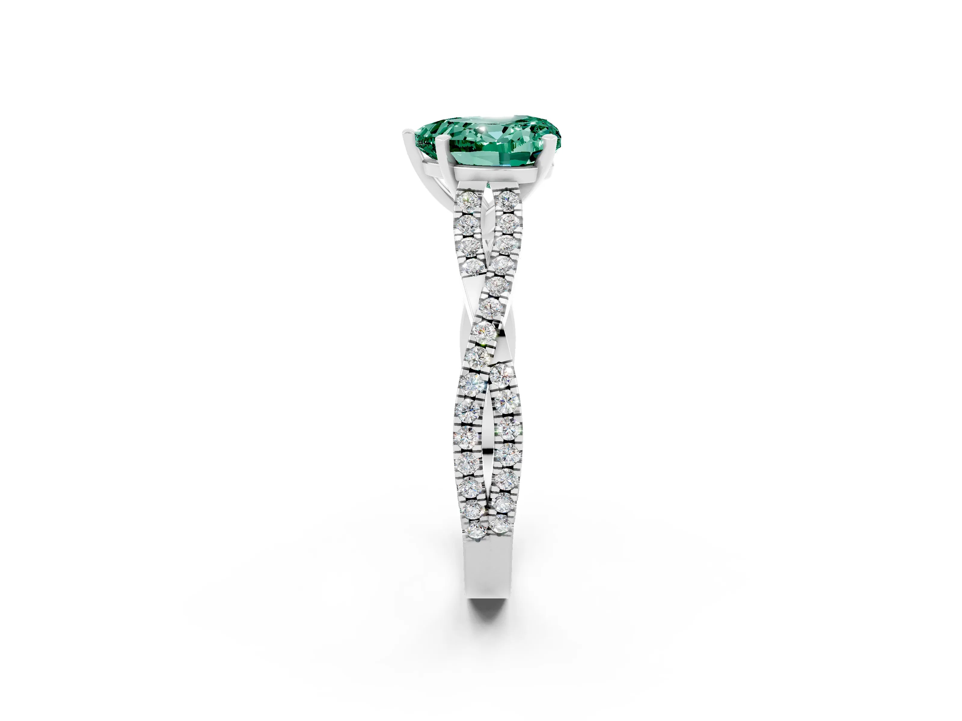 White gold Heart Cut Green Sapphire Solitaire Engagement Ring with Twisted Pavé Band and Four-Prong Setting_14
