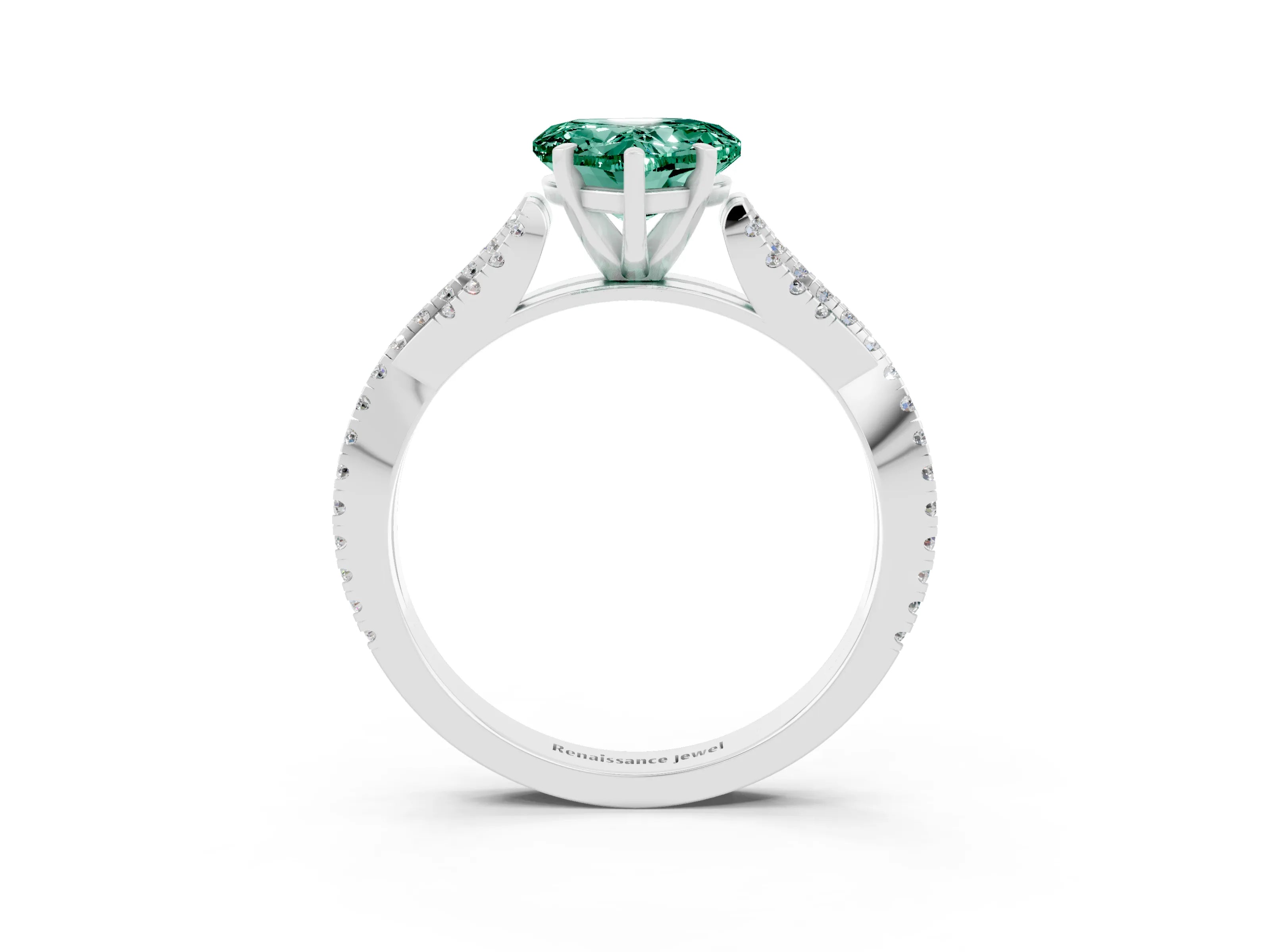 White gold Heart Cut Green Sapphire Solitaire Engagement Ring with Twisted Pavé Band and Four-Prong Setting_15