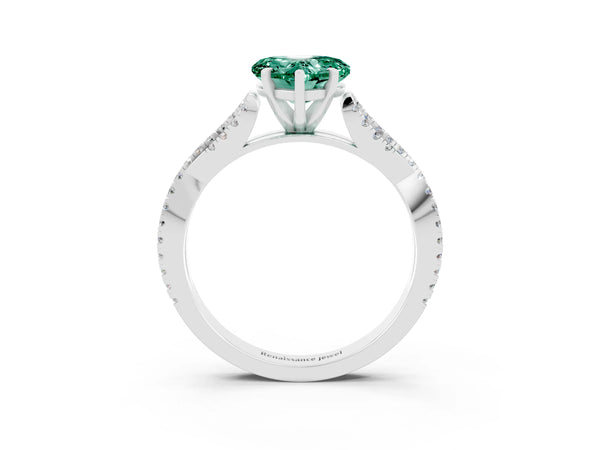 Silver Heart Cut Green Sapphire Solitaire Engagement Ring with Twisted Pavé Band and Four-Prong Setting