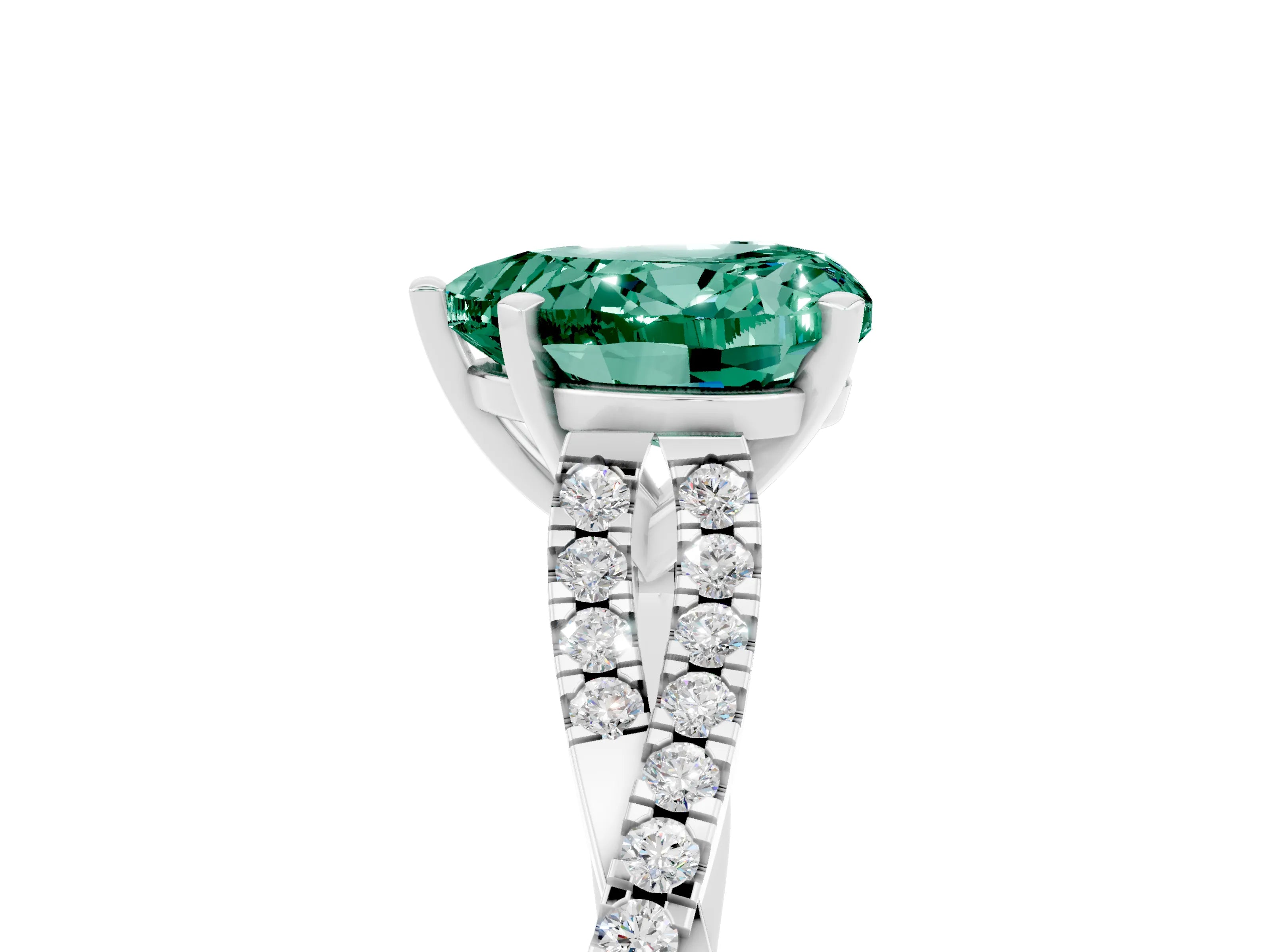 White gold Heart Cut Green Sapphire Solitaire Engagement Ring with Twisted Pavé Band and Four-Prong Setting_17