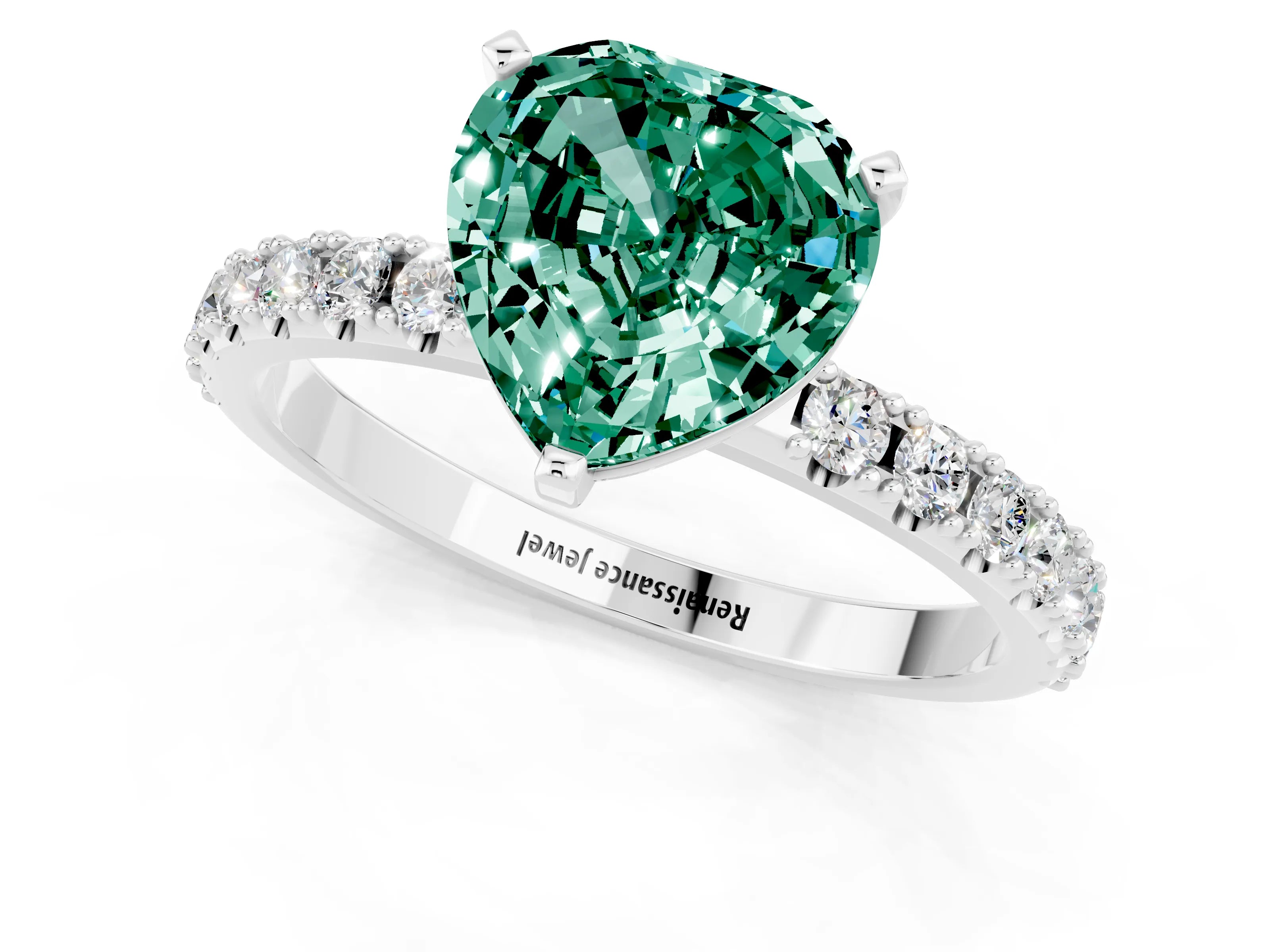 White gold Heart Cut Green Sapphire Solitaire Pavé Band with Four-Prong Setting_1