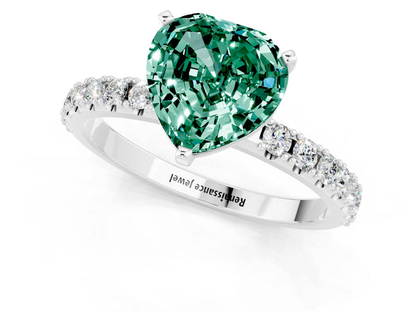 White gold Heart Cut Green Sapphire Solitaire Pavé Band with Four-Prong Setting