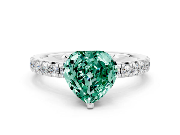 White gold Heart Cut Green Sapphire Solitaire Pavé Engagement Ring with Round Band and Prong Setting