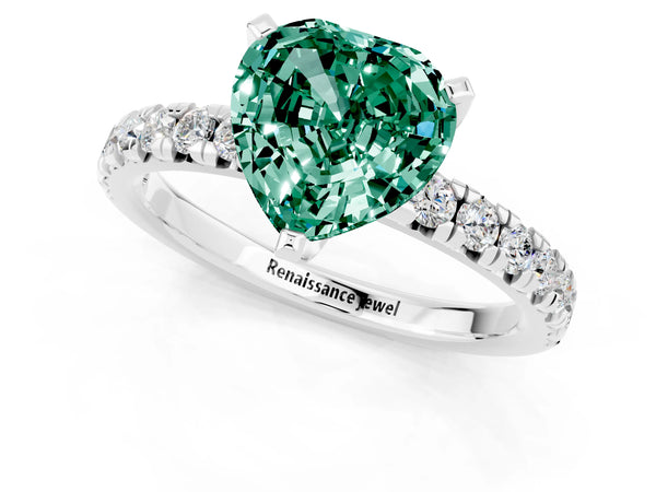Platinum Heart Cut Green Sapphire Solitaire Pavé Engagement Ring with Round Band and Prong Setting