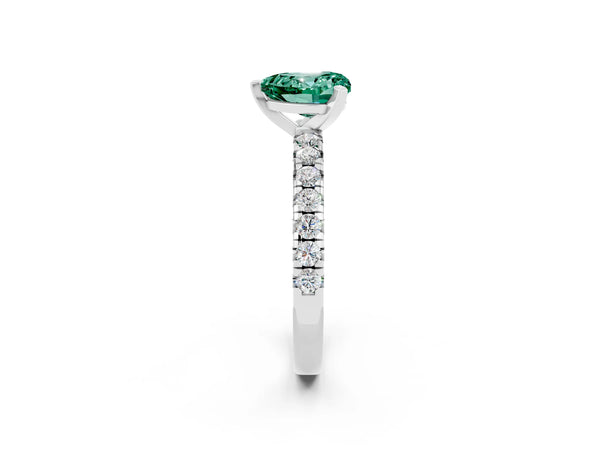 Platinum Heart Cut Green Sapphire Solitaire Pavé Engagement Ring with Round Band and Prong Setting