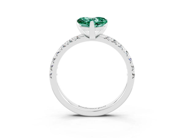 Platinum Heart Cut Green Sapphire Solitaire Pavé Engagement Ring with Round Band and Prong Setting
