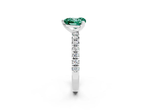 White gold Heart Cut Green Sapphire Solitaire Pavé Engagement Ring with Round Band and Prong Setting
