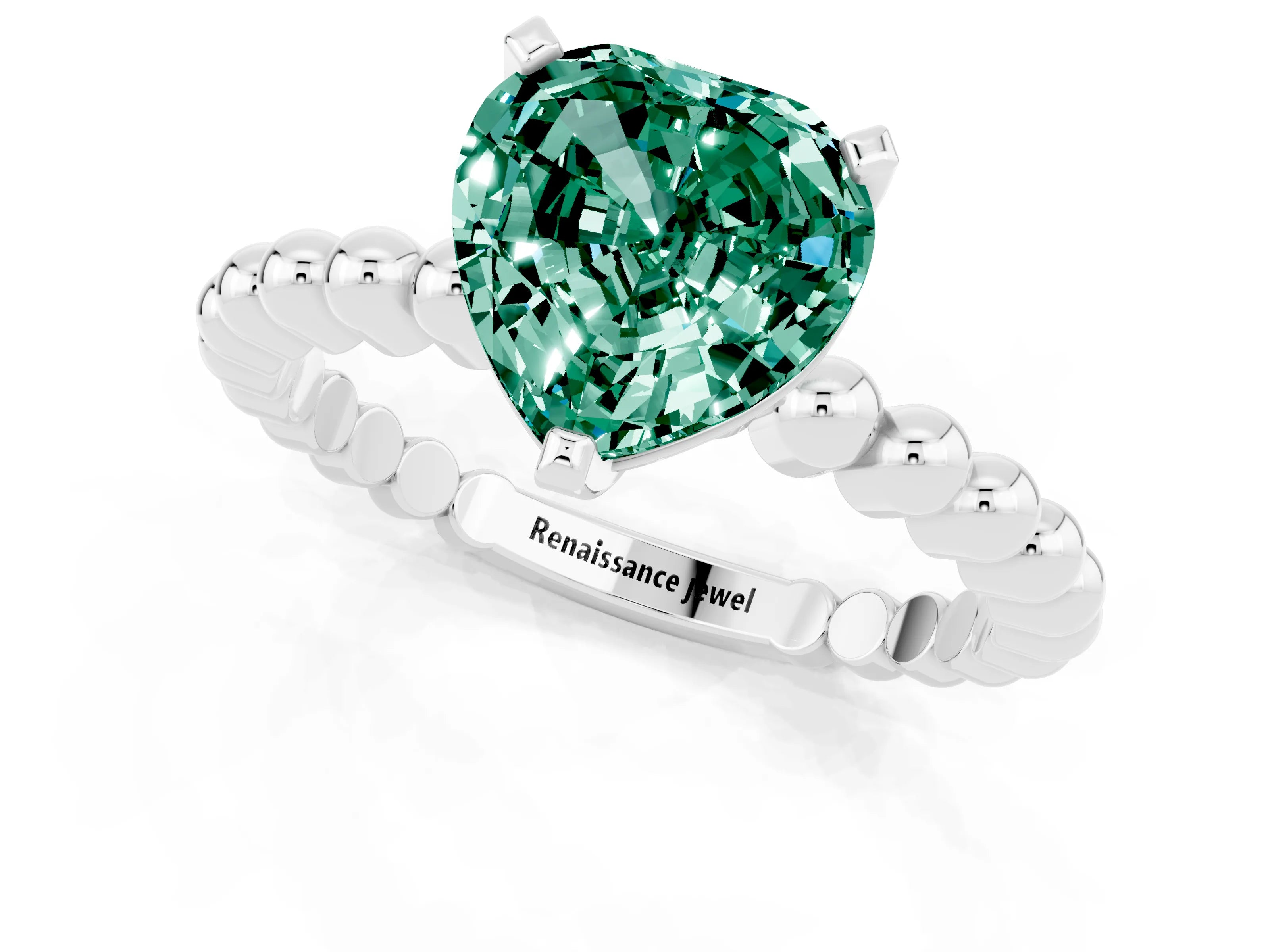 White gold Heart Cut Green Sapphire Solitaire Ring with Beaded Band and Prong Setting_1