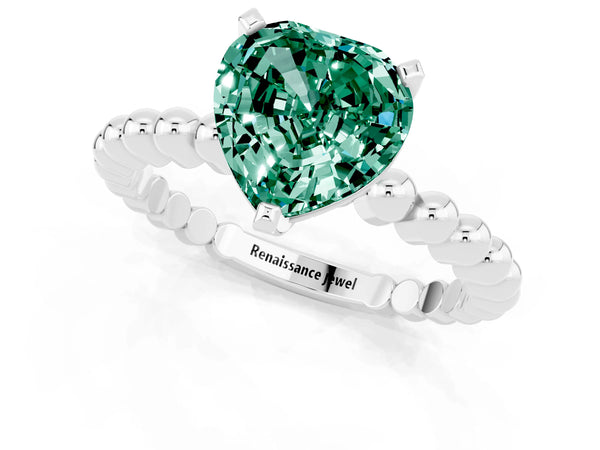 Platinum Heart Cut Green Sapphire Solitaire Ring with Beaded Band and Prong Setting