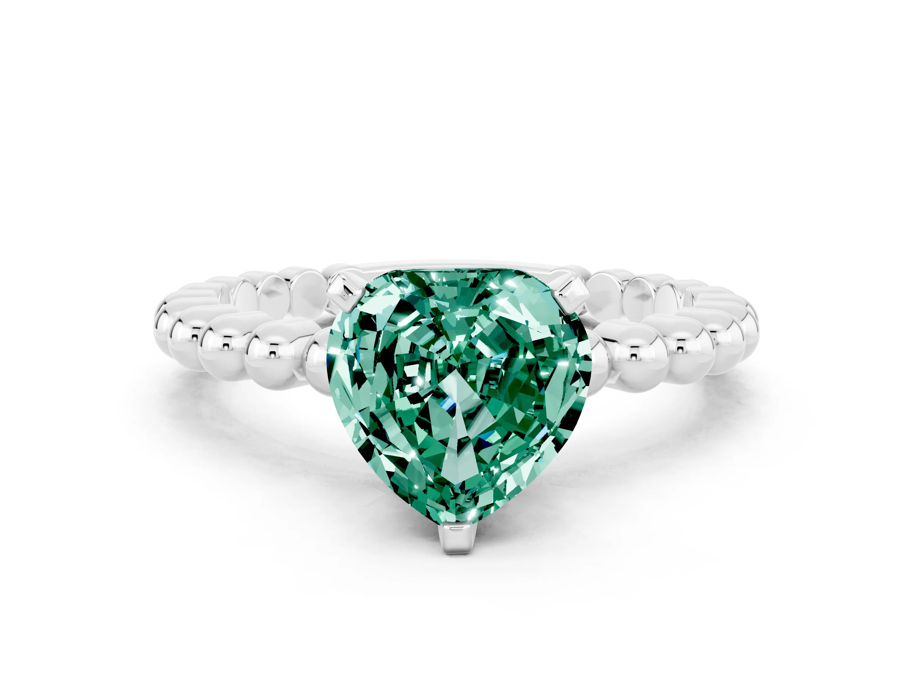 White gold Heart Cut Green Sapphire Solitaire Ring with Beaded Band and Prong Setting_12