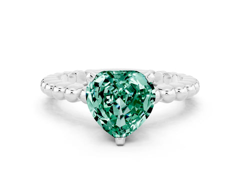 White gold Heart Cut Green Sapphire Solitaire Ring with Beaded Band and Prong Setting_12
