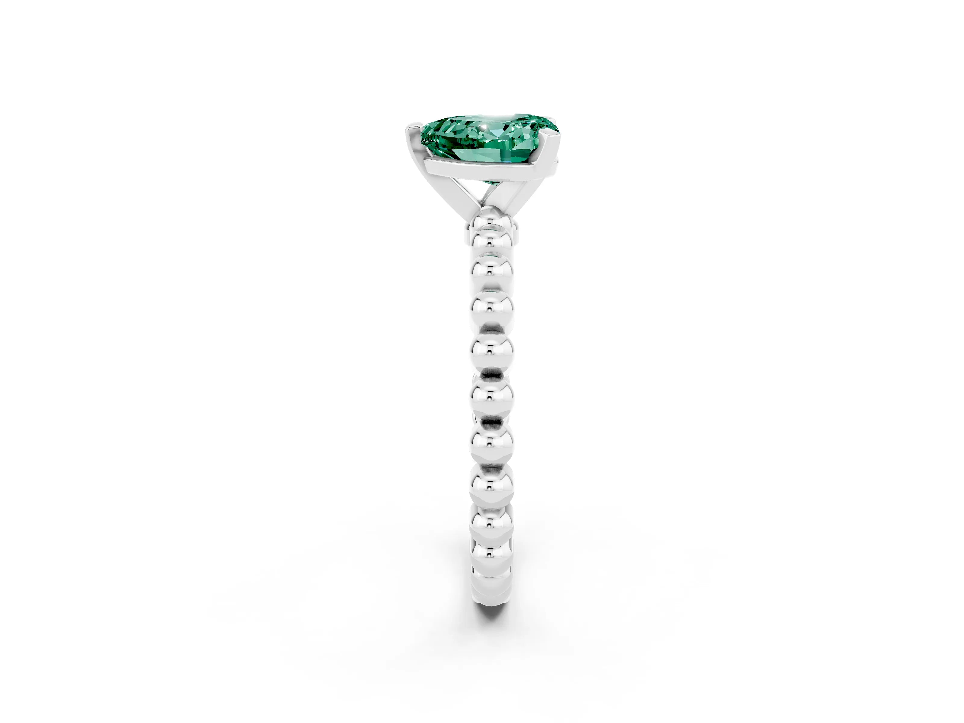 White gold Heart Cut Green Sapphire Solitaire Ring with Beaded Band and Prong Setting_14