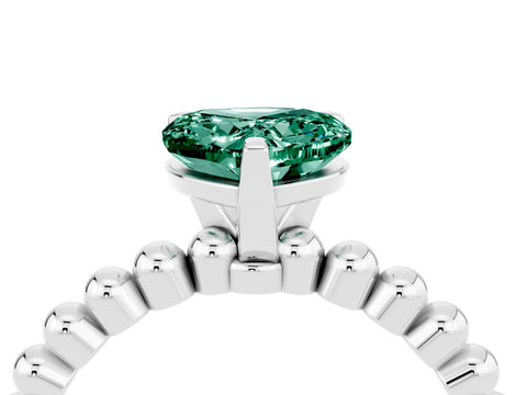 White gold Heart Cut Green Sapphire Solitaire Ring with Beaded Band and Prong Setting_16