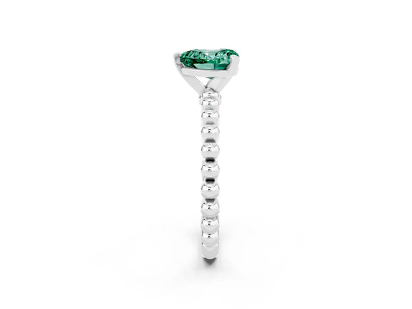 Silver Heart Cut Green Sapphire Solitaire Ring with Beaded Band and Prong Setting