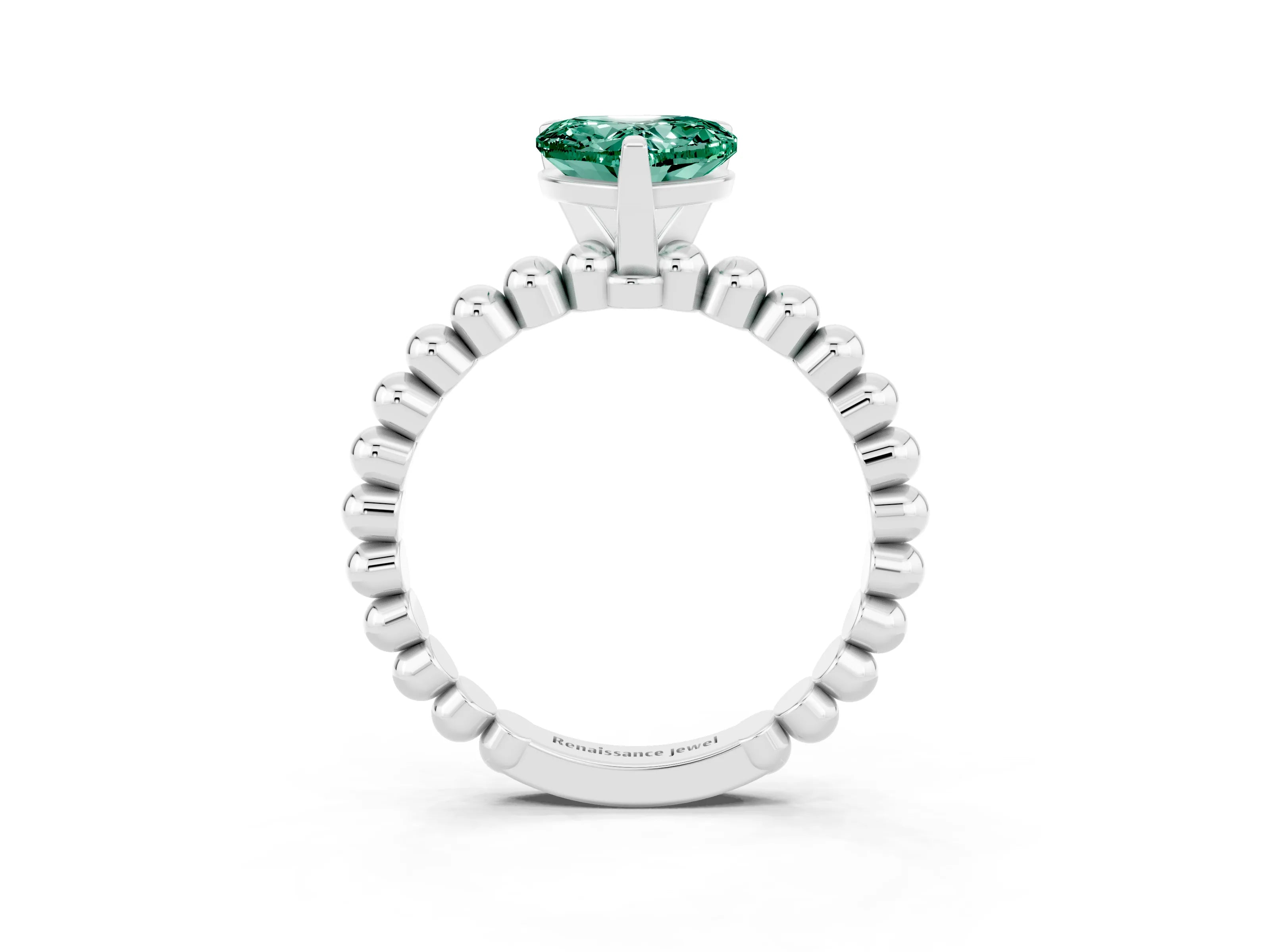 White gold Heart Cut Green Sapphire Solitaire Ring with Beaded Band and Prong Setting_3