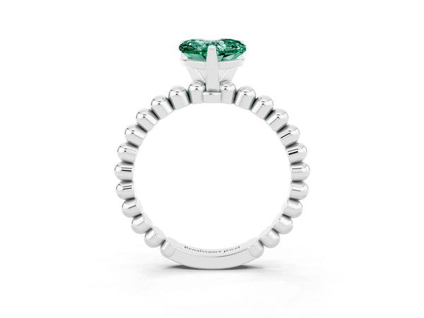 Silver Heart Cut Green Sapphire Solitaire Ring with Beaded Band and Prong Setting