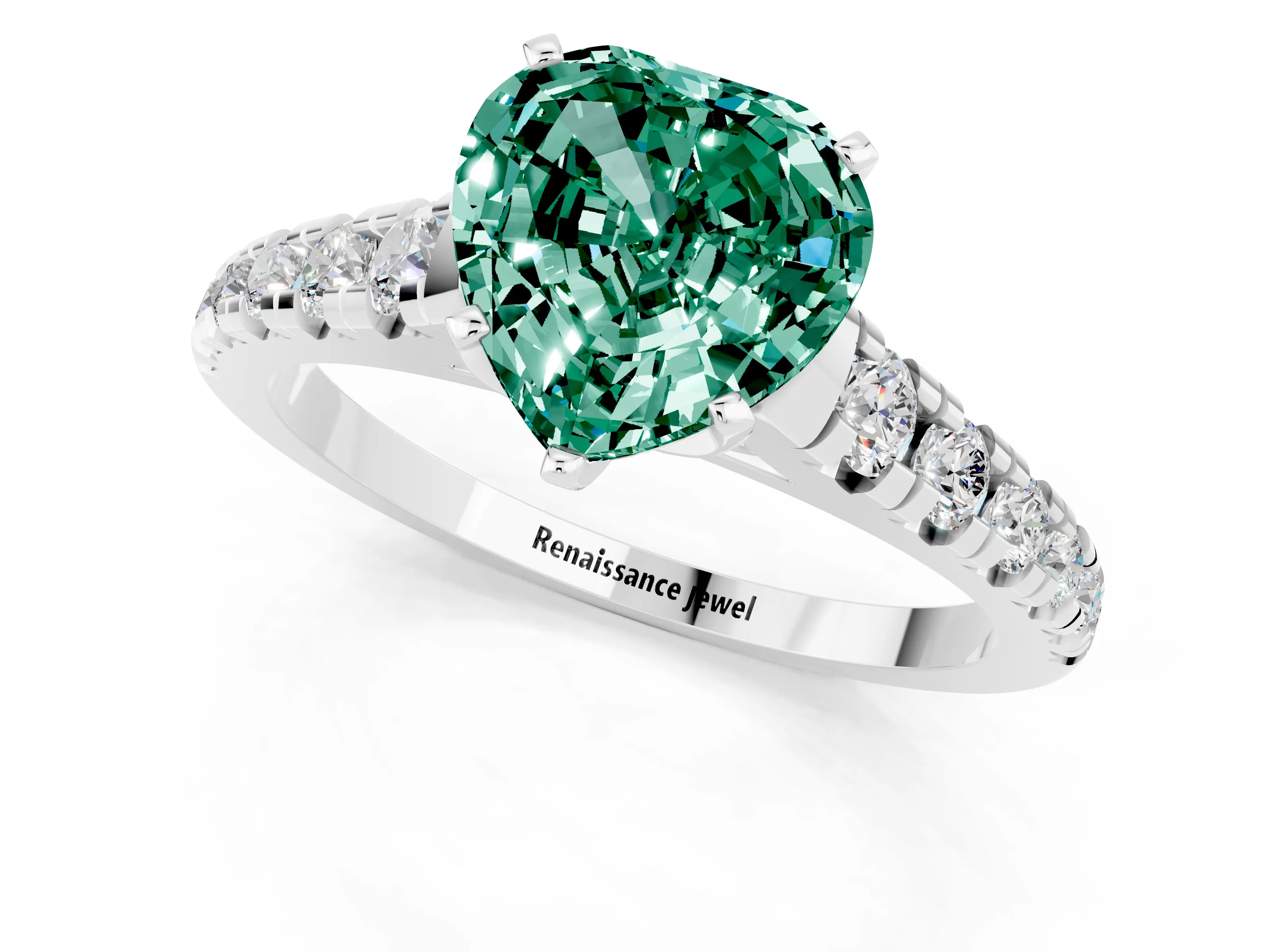 White gold Heart Cut Green Sapphire Solitaire Ring with Cathedral Setting and Pavé Band_1