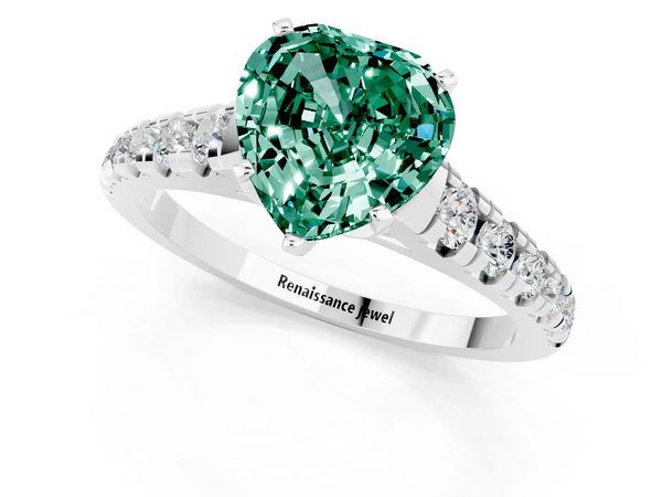 Silver Heart Cut Green Sapphire Cathedral Solitaire Ring with Round  Pavé Band