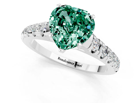 White gold Heart Cut Green Sapphire Solitaire Ring with Cathedral Setting and Pavé Band_1