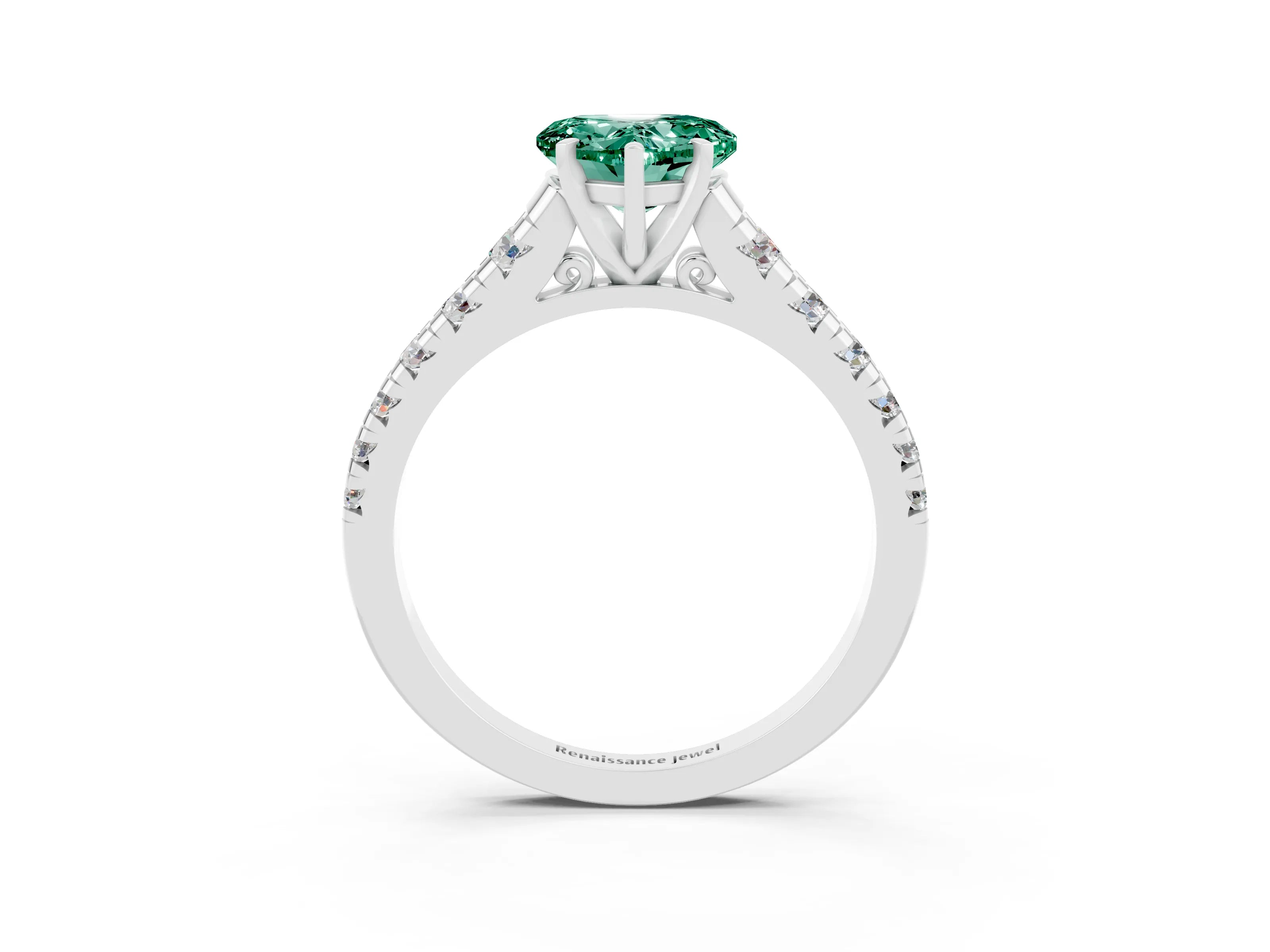 White gold Heart Cut Green Sapphire Solitaire Ring with Cathedral Setting and Pavé Band_3