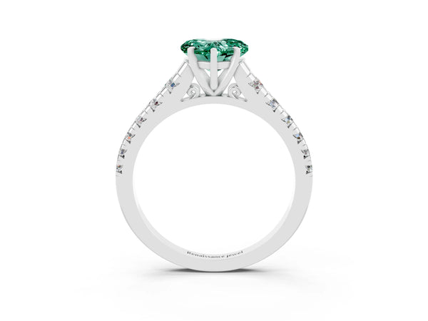 Silver Heart Cut Green Sapphire Cathedral Solitaire Ring with Round  Pavé Band