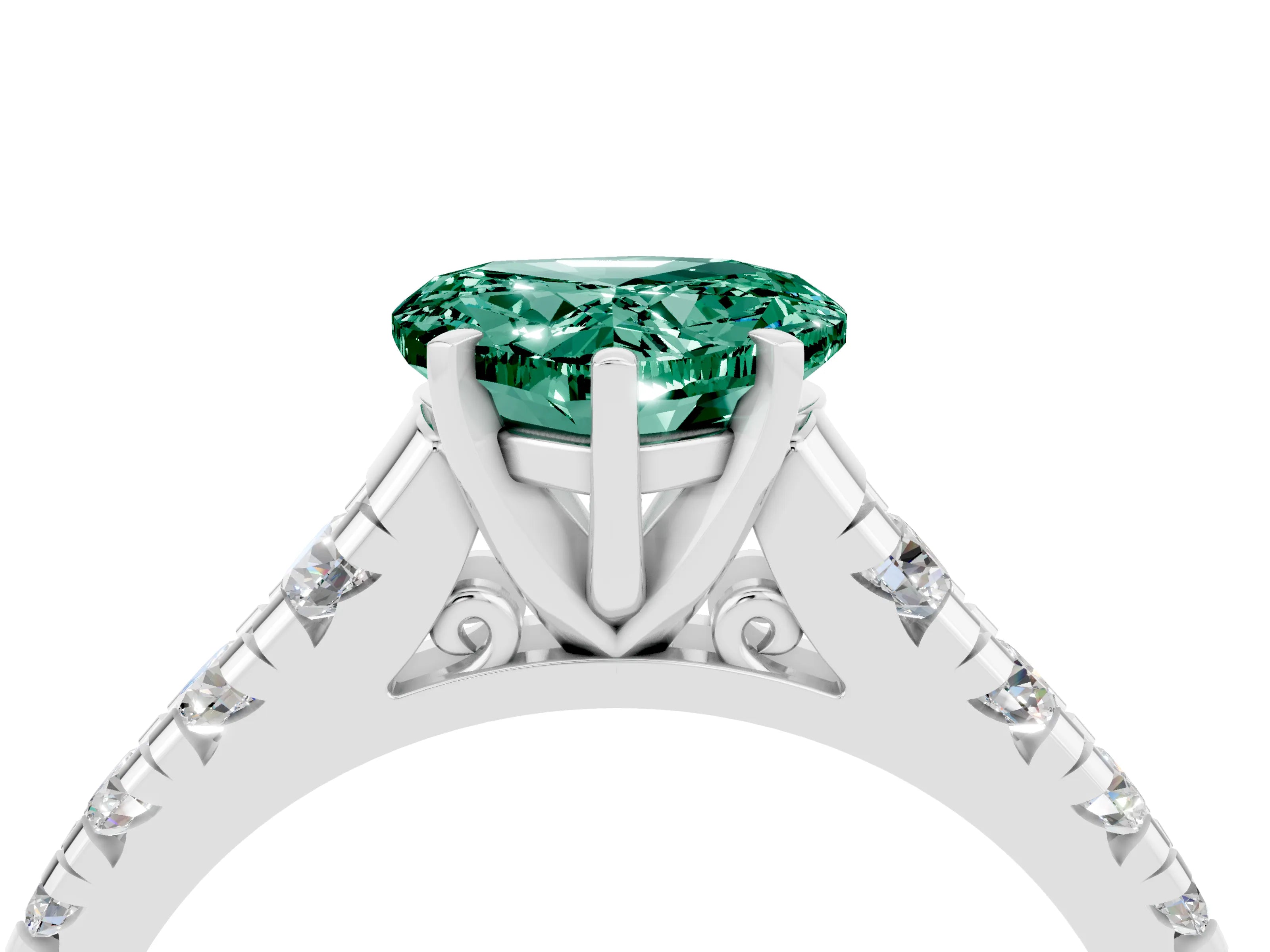 White gold Heart Cut Green Sapphire Solitaire Ring with Cathedral Setting and Pavé Band_4