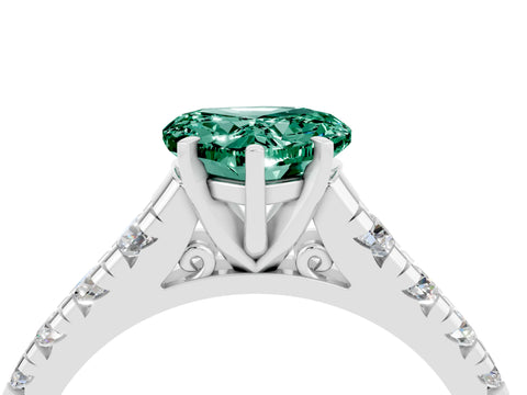 White gold Heart Cut Green Sapphire Solitaire Ring with Cathedral Setting and Pavé Band_4