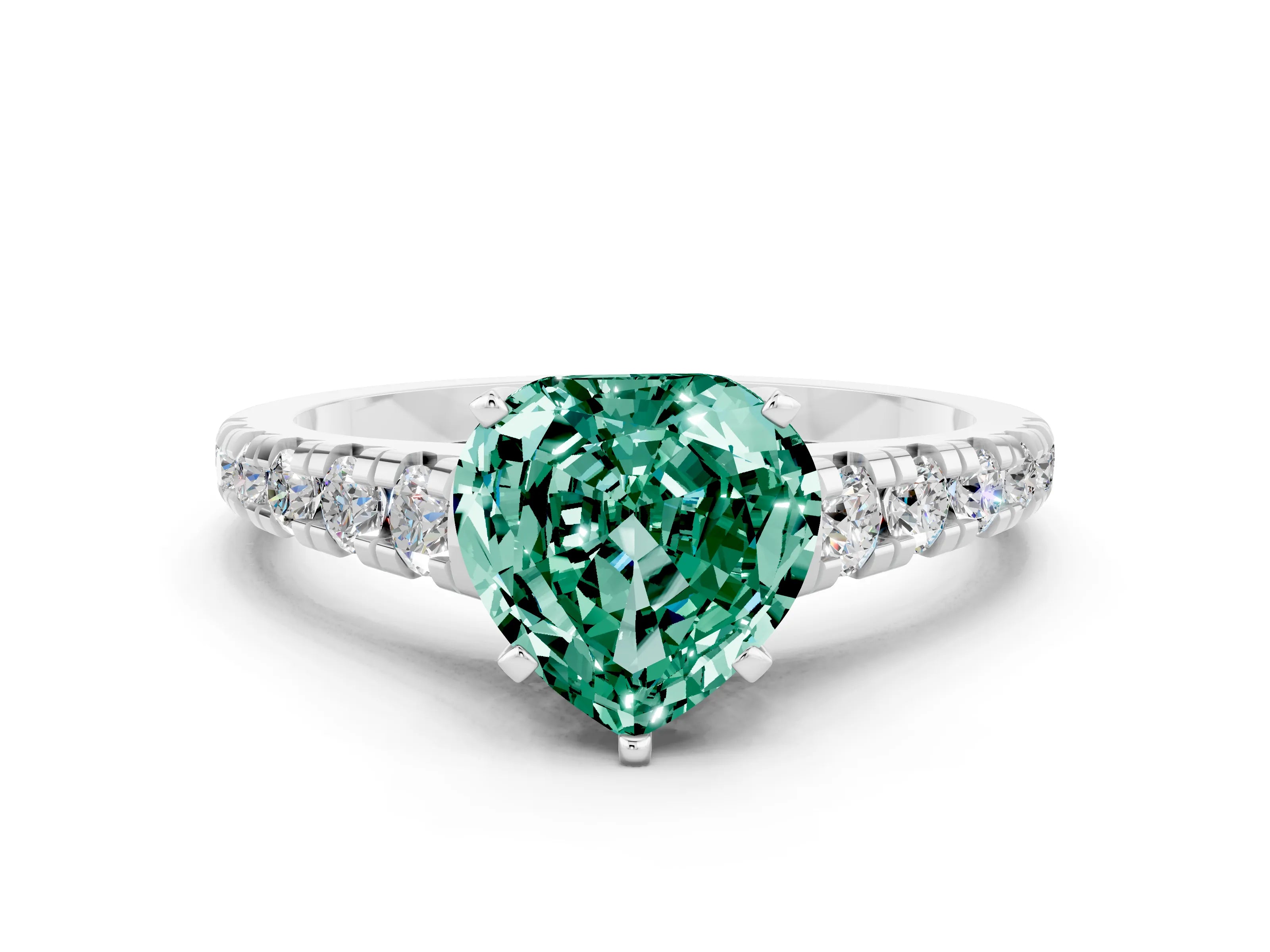 White gold Heart Cut Green Sapphire Solitaire Ring with Cathedral Setting and Pavé Band