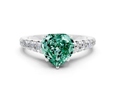White gold Heart Cut Green Sapphire Solitaire Ring with Cathedral Setting and Pavé Band