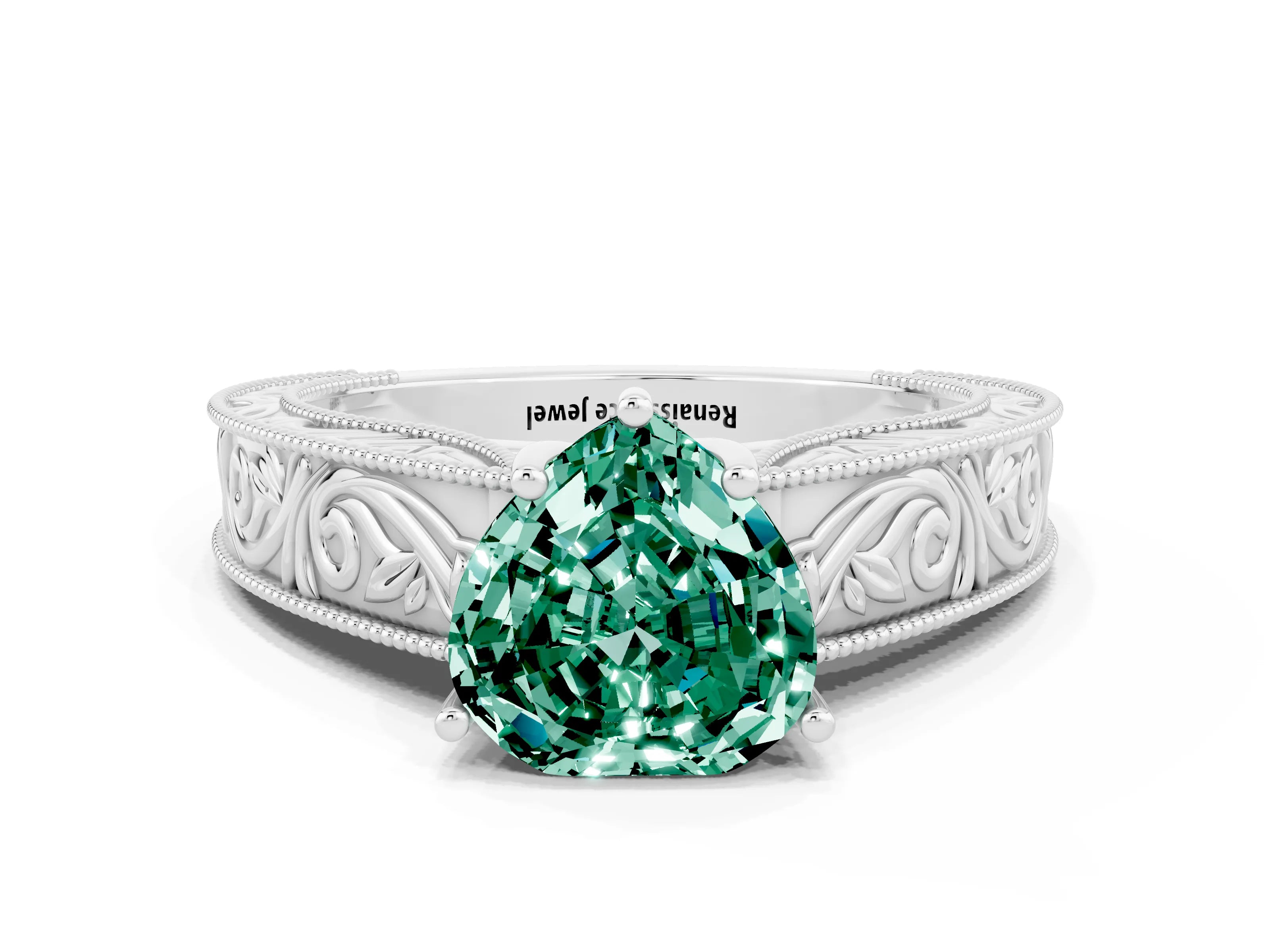 White gold Heart Cut Green Sapphire Solitaire Ring with Engraved Band and Four-Prong Setting