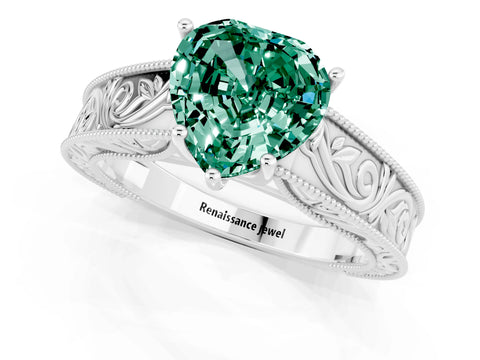 White gold Heart Cut Green Sapphire Solitaire Ring with Engraved Band and Four-Prong Setting_1