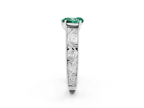 White gold Heart Cut Green Sapphire Solitaire Ring with Engraved Band and Four-Prong Setting_2
