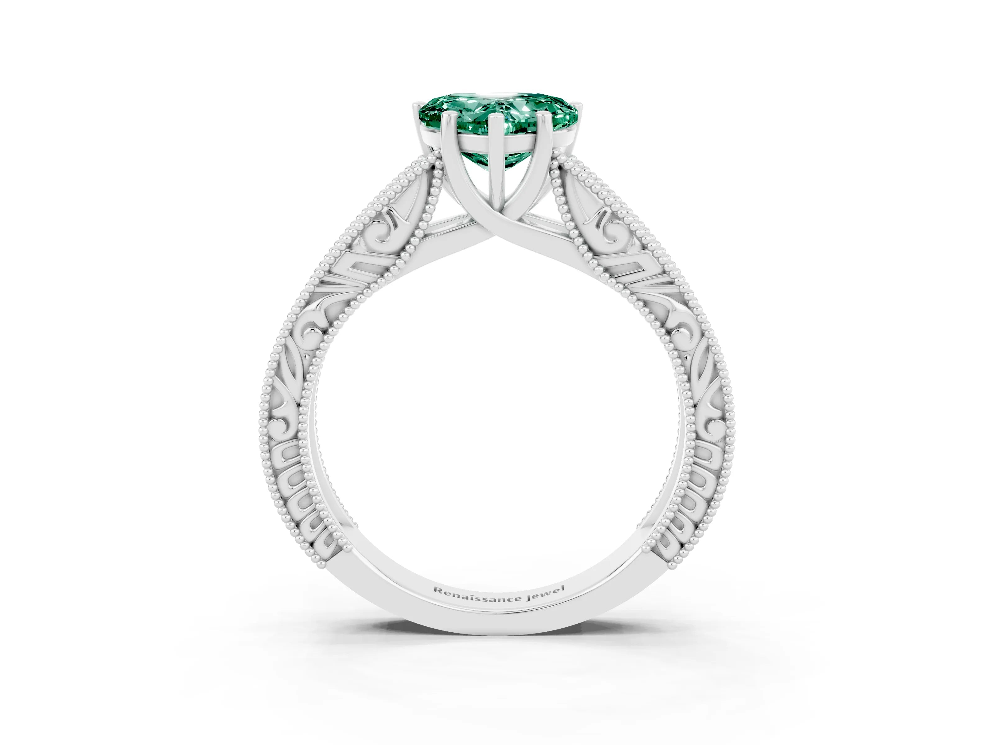 White gold Heart Cut Green Sapphire Solitaire Ring with Engraved Band and Four-Prong Setting_3