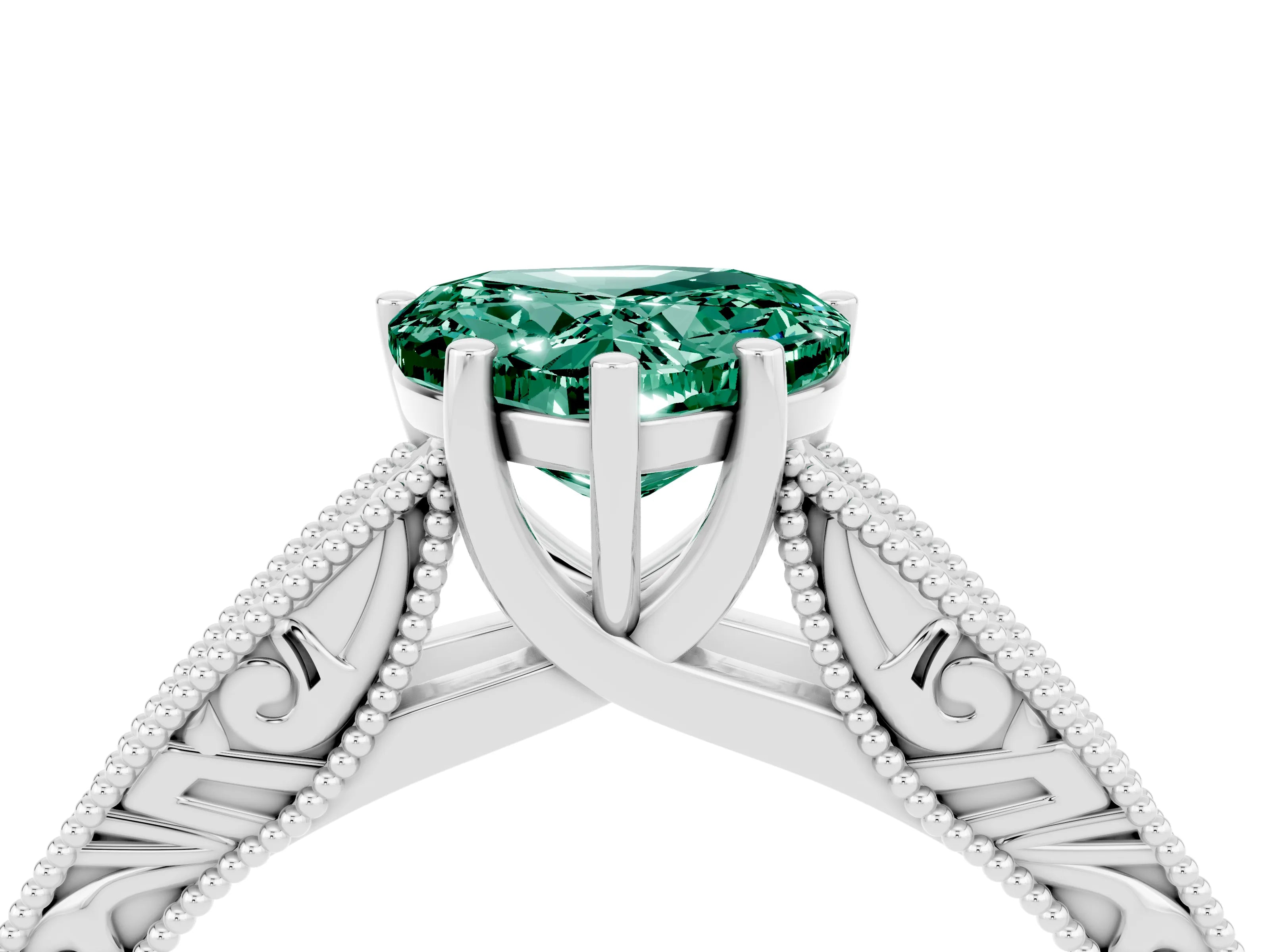 White gold Heart Cut Green Sapphire Solitaire Ring with Engraved Band and Four-Prong Setting_4