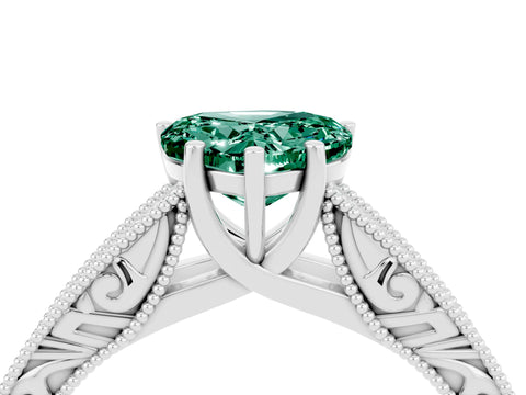 White gold Heart Cut Green Sapphire Solitaire Ring with Engraved Band and Four-Prong Setting_4