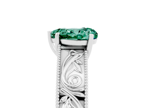 White gold Heart Cut Green Sapphire Solitaire Ring with Engraved Band and Four-Prong Setting_5