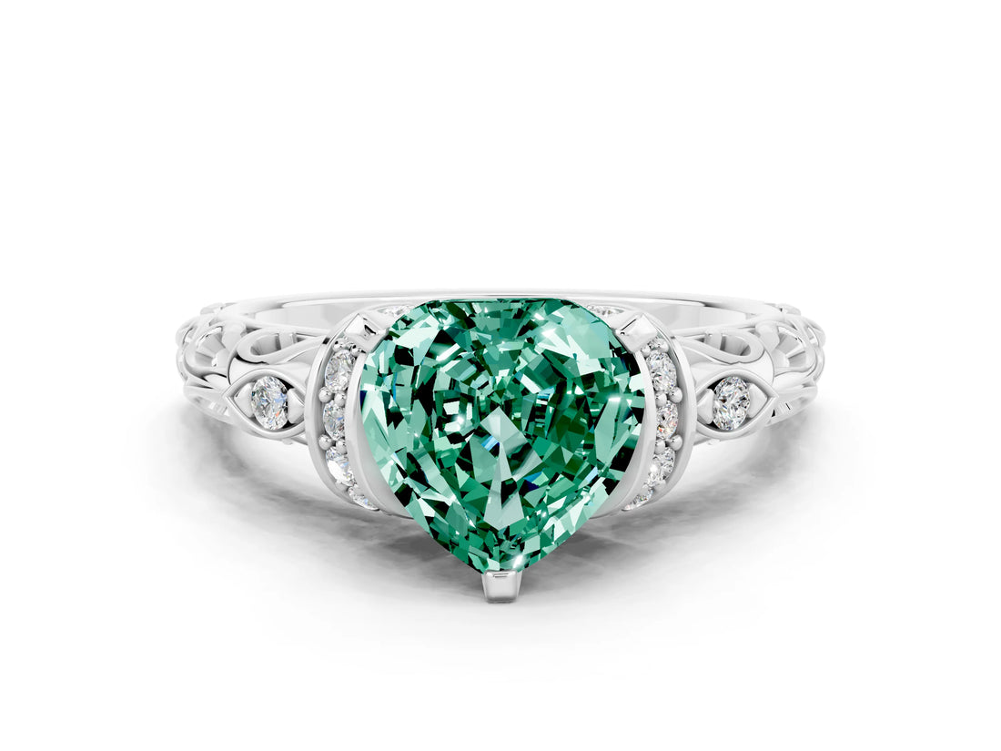 White gold Heart Cut Green Sapphire Solitaire Ring with Filigree Band and Four-Prong Setting_24