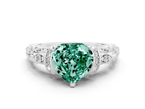 White gold Heart Cut Green Sapphire Solitaire Ring with Filigree Band and Four-Prong Setting_24