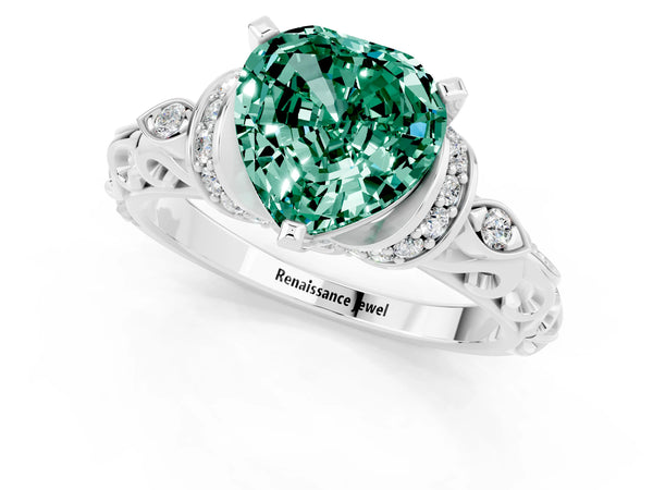 Silver Heart Cut Green Sapphire Solitaire Ring with Filigree Band and Four-Prong Setting