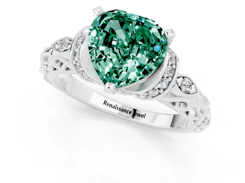 White gold Heart Cut Green Sapphire Solitaire Ring with Filigree Band and Four-Prong Setting_25